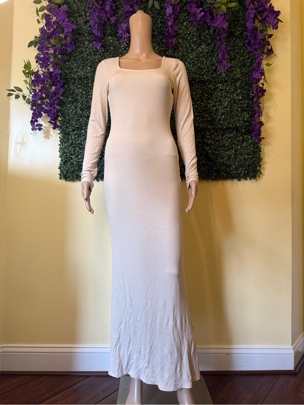 Forever 21 Cream Long Sleeve Square Neck Maxi Dress